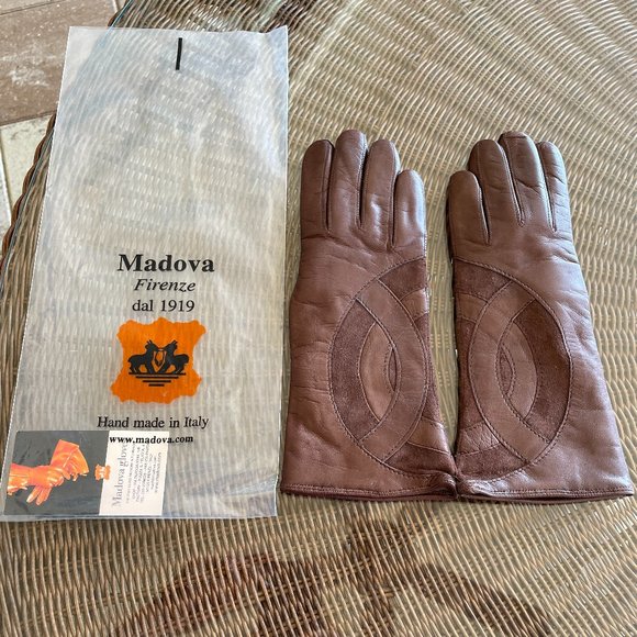 MADOVA LEATHER GLOVES 100% CASHMERE LINED SIZE 7 WOMEN'S MEDIUM BROWN W/SUEDE - - Picture 1 of 7